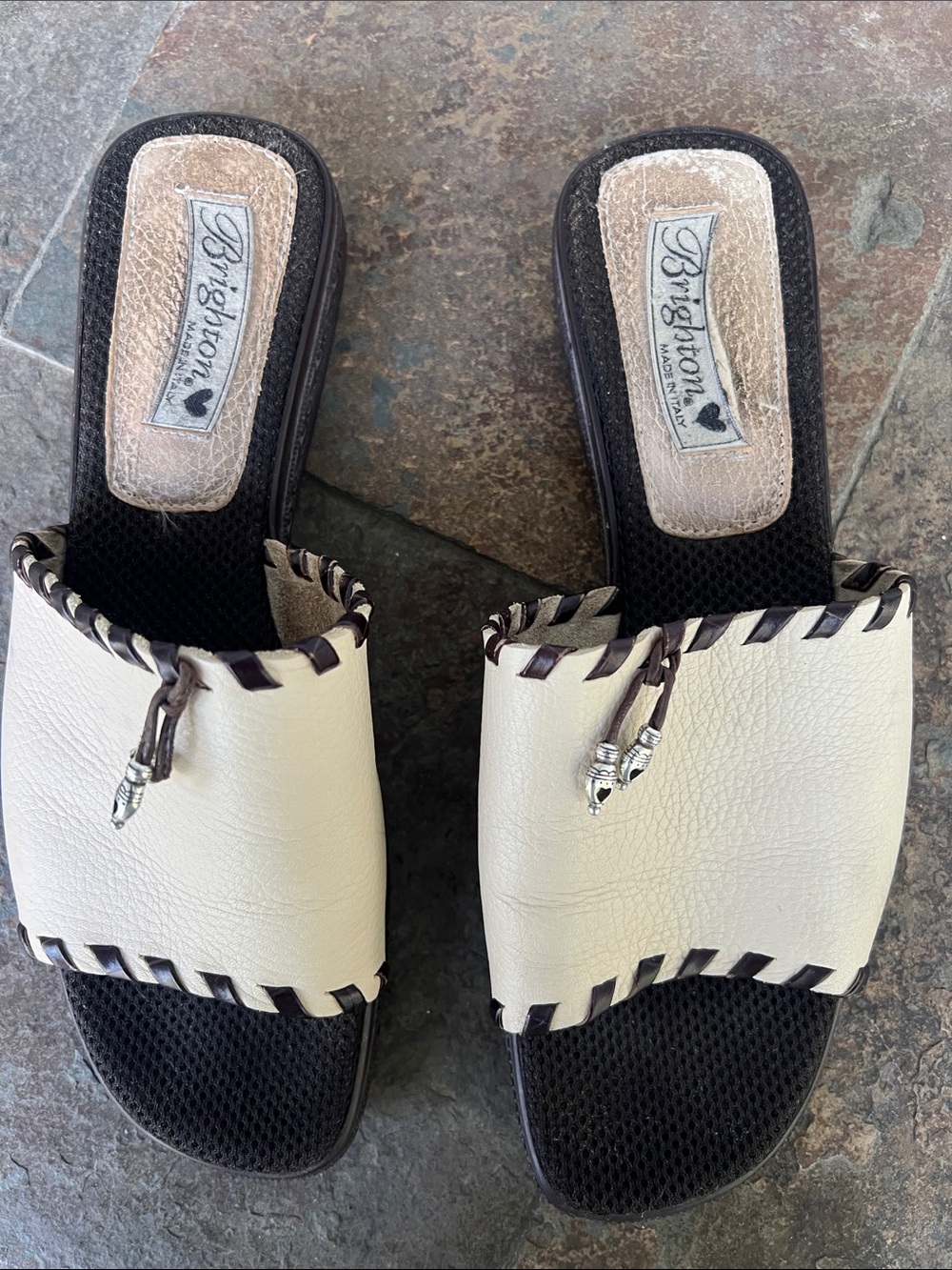 Brighton Cream Leather Slip-On Mules with Braided Trim - Picture 1 of 12